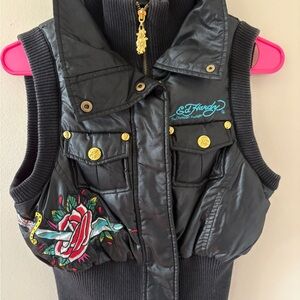 Ed Hardy Black Vest with Skull and Floral Embroidery